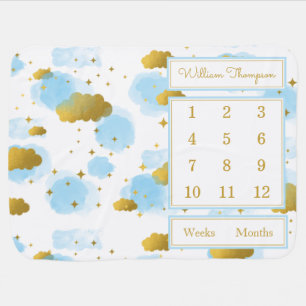 Blue Watercolor Clouds Gold Stars Sky Milestone Baby Blanket