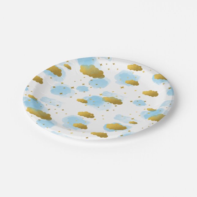 Blue Watercolor Clouds Gold Stars Sky   Paper Plates (Angled)