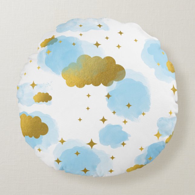 Blue Watercolor Clouds Gold Stars Sky  Round Pillow (Front)