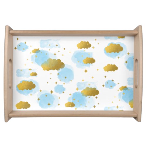 Blue Watercolor Clouds Gold Stars Sky  Serving Tray