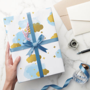 Blue Watercolor Clouds Gold Stars Sky Wrapping Paper
