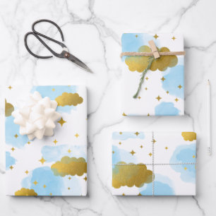 Blue Watercolor Clouds Gold Stars Sky Wrapping Paper Sheets