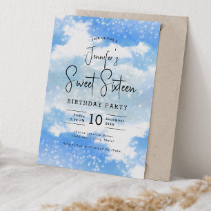 Blue Watercolor Clouds Sweet 16 Party Invitation