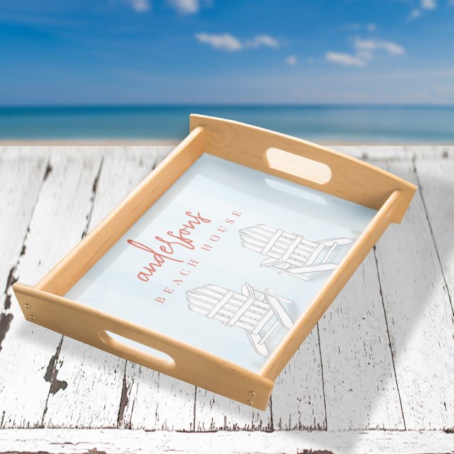 Blue Watercolor Coastal Beach Personalized  Serving Tray (Beach Adirondack Chairs Custom Serving Tray,)