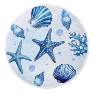 Blue Watercolor Coastal Beach Starfish Seashells Ceramic Knob