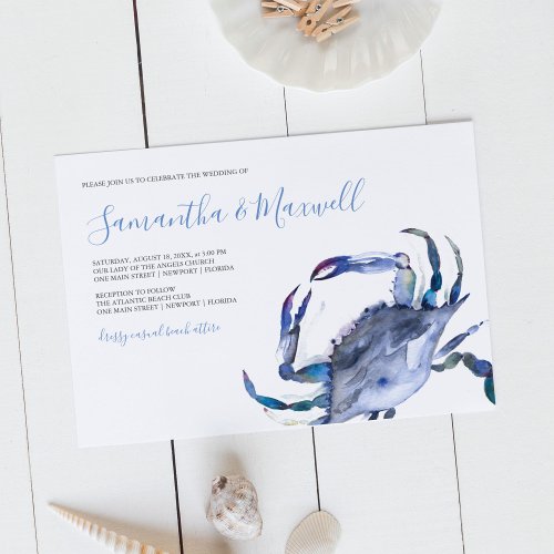 Blue Watercolor Coastal Crab Wedding Invitation