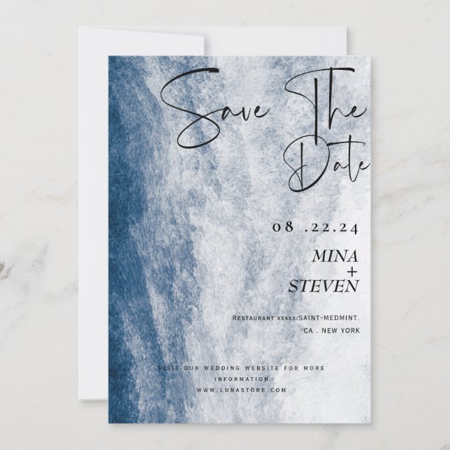 Blue watercolor Coastal Ocean Beach Wedding  Save The Date (Front)