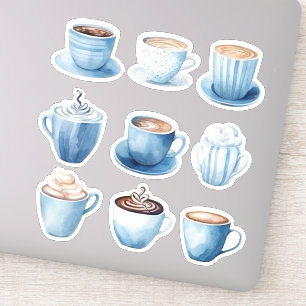 Blue Watercolor Coffee Cups 4 Sticker