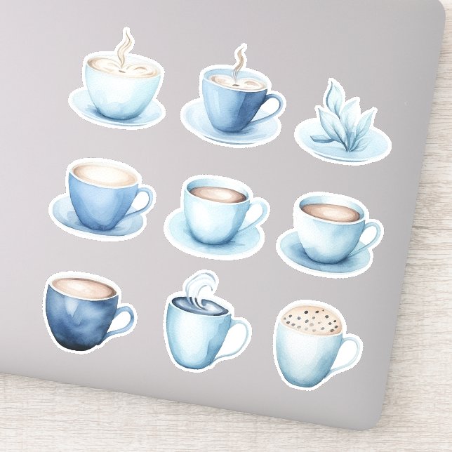 Blue Watercolor Coffee Cups Sticker (Detail)