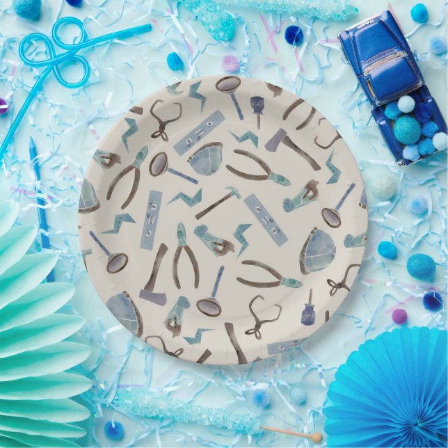 Blue Watercolor Construction Tools Paper Plates (Party)