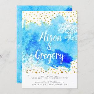 Blue watercolor, coral reef confetti engagement invitation