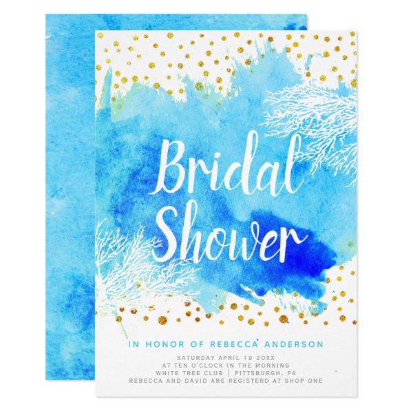 Blue watercolor, coral reef wedding bridal shower card