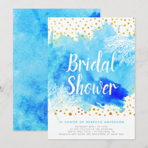 Blue watercolor, coral reef wedding bridal shower invitation