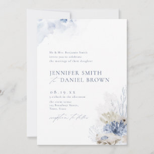 Blue watercolor coral & seashells beach wedding invitation