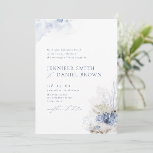 Blue watercolor coral  seashells beach wedding invitation