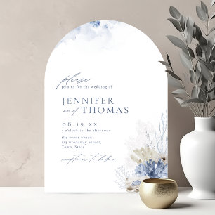 Blue watercolor coral & seashells beach wedding invitation