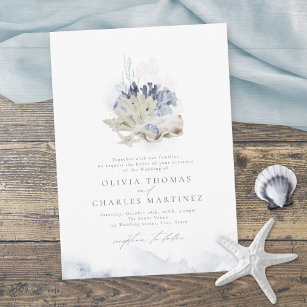 Blue watercolor coral & seashells beach wedding invitation