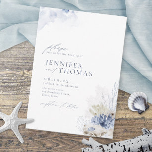 Blue watercolor coral & seashells beach wedding invitation
