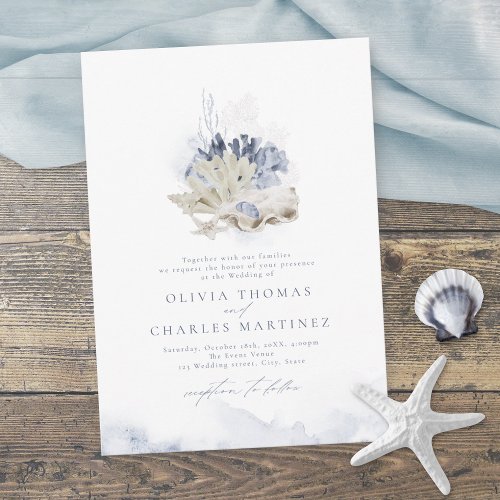 Blue watercolor coral  seashells beach wedding invitation