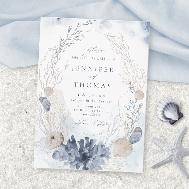 Blue watercolor coral & seashells beach wedding invitation (Blue watercolor coral & seashells beach wedding invitation)