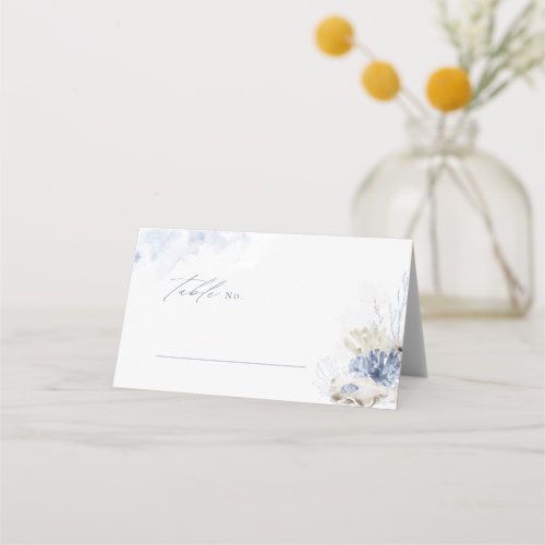Blue watercolor coral & seashells beach Wedding Place Card