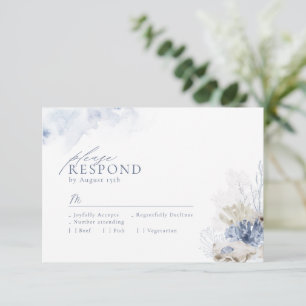 Blue watercolor coral & seashells beach wedding RSVP card