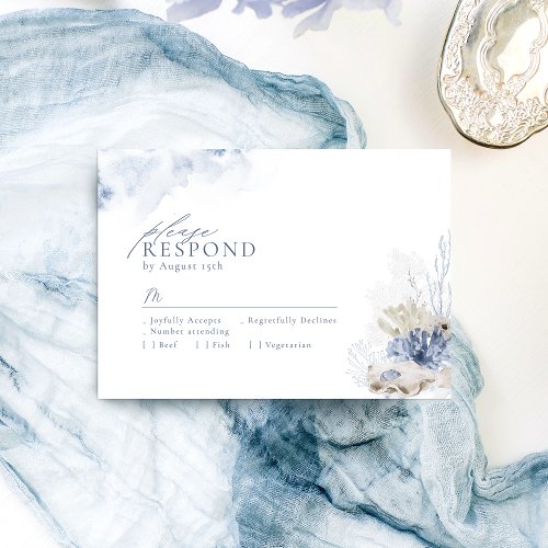 Blue watercolor coral & seashells beach wedding RSVP card