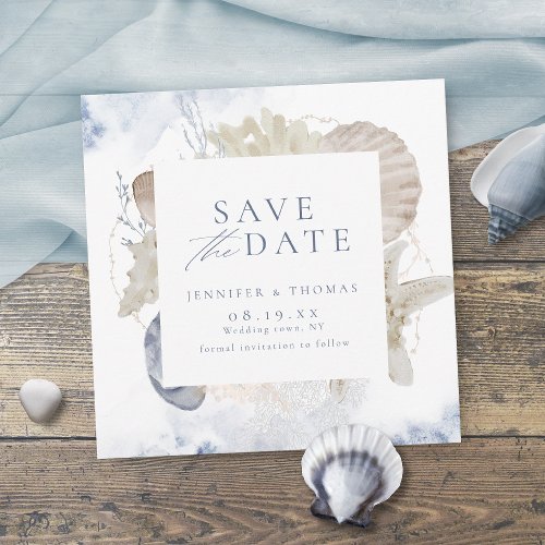 Blue watercolor coral  seashells beach wedding save the date