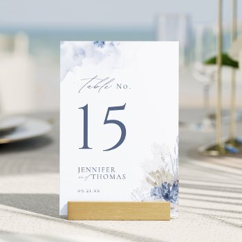 Blue Watercolor Coral & Seashells Beach Wedding  Table Number by AvaPaperie at Zazzle