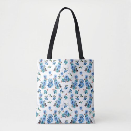 Blue Watercolor Corn Flower Running Pattern Tote Bag