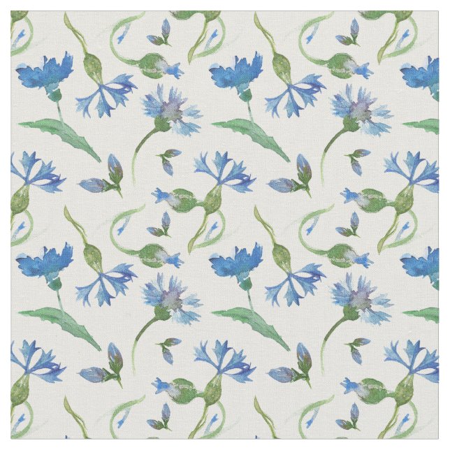 Blue watercolor cornflowers fabric (Close Up)