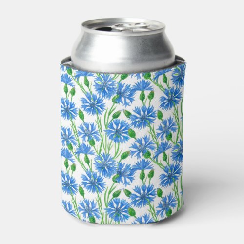Blue watercolor cornflowers wild flowers on white can cooler