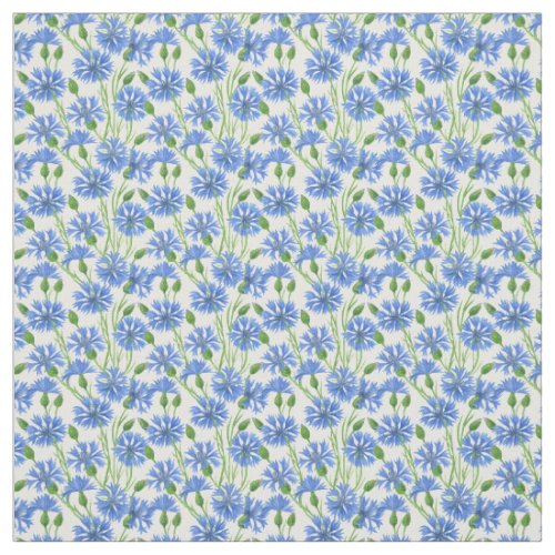 Blue watercolor cornflowers wild flowers on white fabric