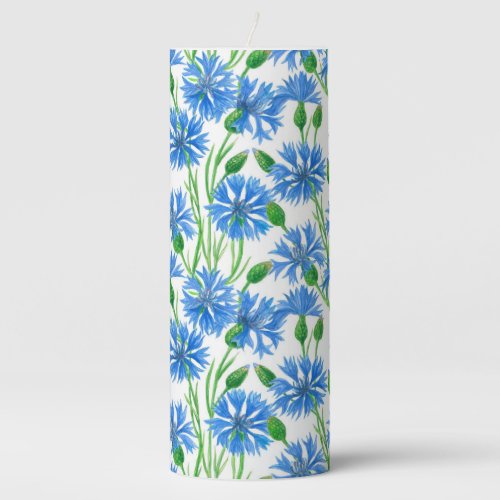 Blue watercolor cornflowers wild flowers on white pillar candle