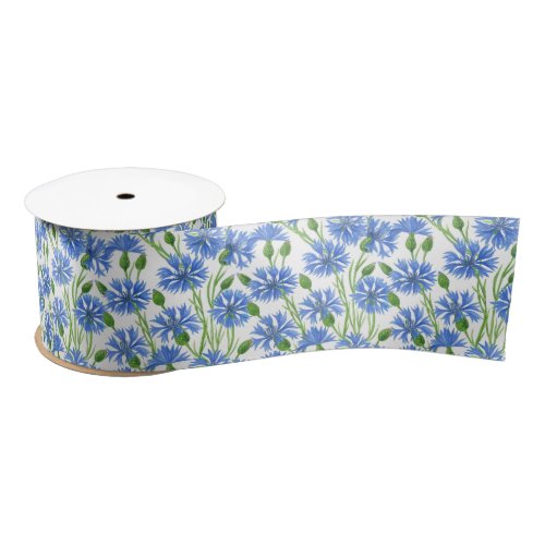 Blue watercolor cornflowers wild flowers on white satin ribbon