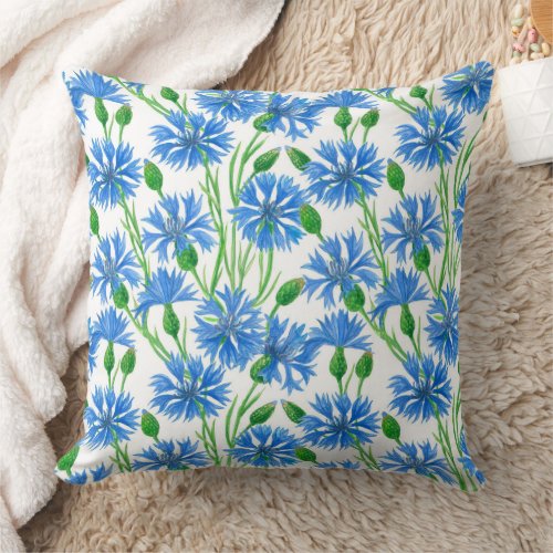 Blue watercolor cornflowers wild flowers on white throw pillow