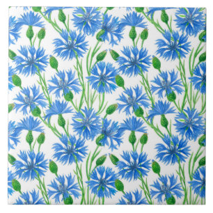 Blue watercolor cornflowers, wild flowers on white tile