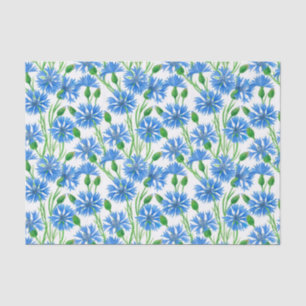 Blue watercolor cornflowers, wild flowers on white tissue paper