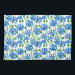 Blue watercolor cornflowers, wild flowers on white towel<br><div class="desc">Cornflowers painted with watercolors on paper then pattern done in Photoshop.</div>