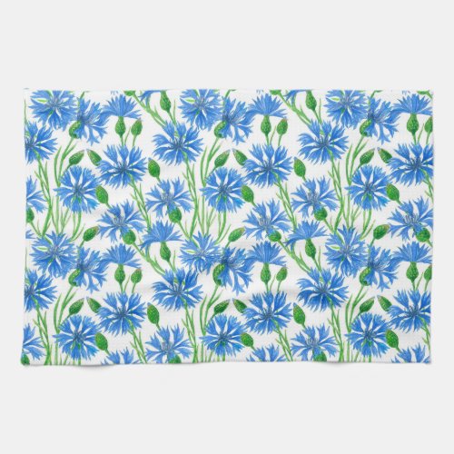 Blue watercolor cornflowers wild flowers on white towel