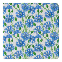 Blue watercolor cornflowers, wild flowers on white trivet