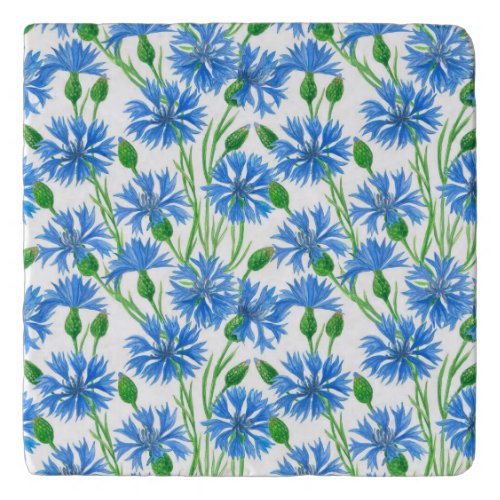 Blue watercolor cornflowers wild flowers on white trivet