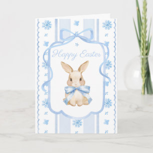 Blue Watercolor Cottage Bow Bunny Easter Greeting Card