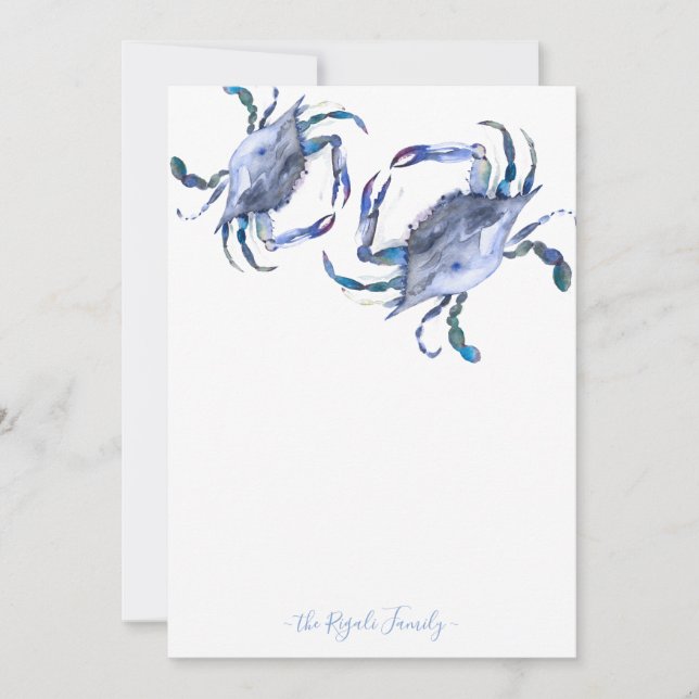 Blue Watercolor Crab Personalized Stationery Note Card (Front)
