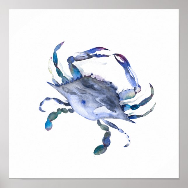 Blue Watercolor Crab Poster (Front)