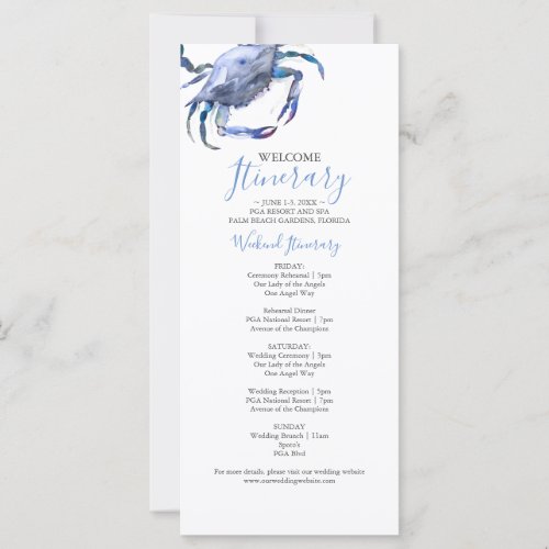 Blue Watercolor Crab Wedding Itinerary