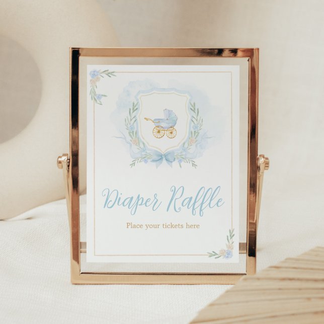Blue Watercolor Crest Baby Shower Diaper Raffle Poster (Blue Gold Carriage Crest Baby Shower Diaper Raffle Sign)