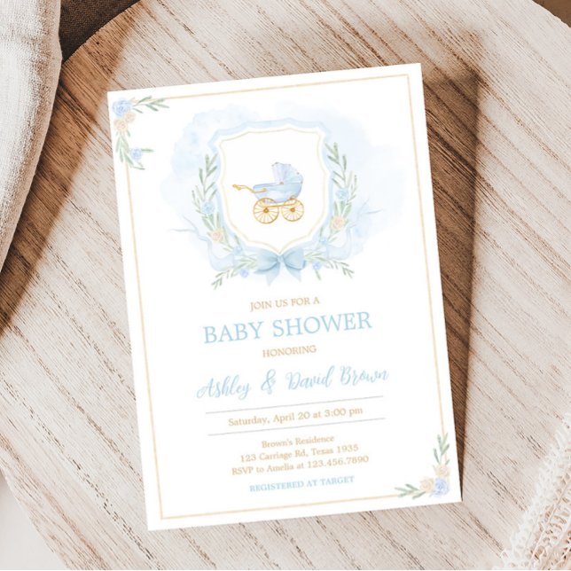 Blue Watercolor Crest Baby Shower  Invitation (Blue Gold Carriage Crest Baby Shower Invitation)