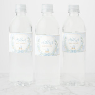 Blue Watercolor Crest Baby Shower Water Bottle Label