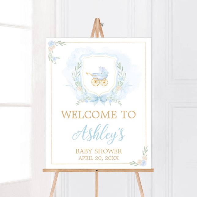Blue Watercolor Crest Baby Shower Welcome Poster (Blue Gold Carriage Crest Baby Shower Welcome Sign)